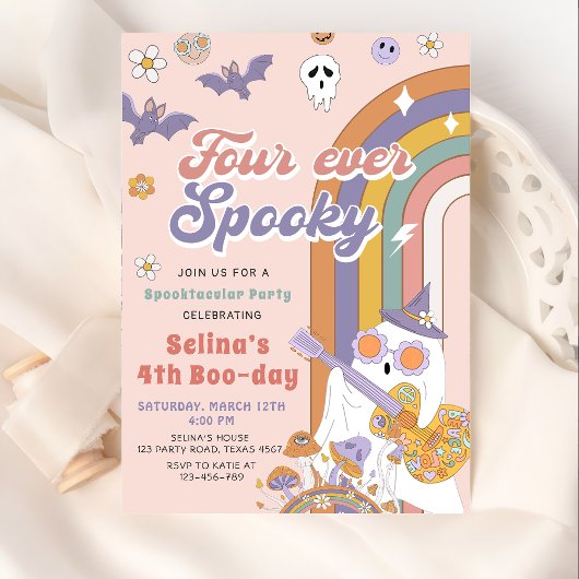 Four Ever Spooky Groovy Halloween Ghost Verjaardag Kaart
