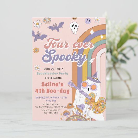 Four Ever Spooky Groovy Halloween Ghost Verjaardag Kaart (Staand voorkant)