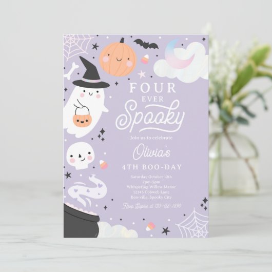 Four Ever Spooky Halloween Ghost 4th Verjaardag Kaart (Staand voorkant)