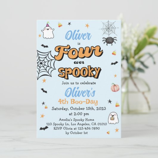 Four Ever Spooky Halloween Jongen 4e Verjaardag Kaart (Staand voorkant)