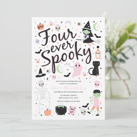 Four Ever Spooky Halloween Verjaardagsuitnodiging Kaart (Staand voorkant)