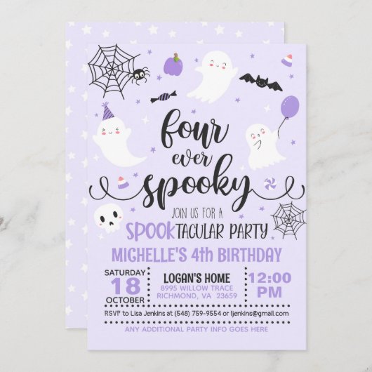Four Ever Spooky Invitation - Meisje (Paarse) Kaart (Voorkant / Achterkant)