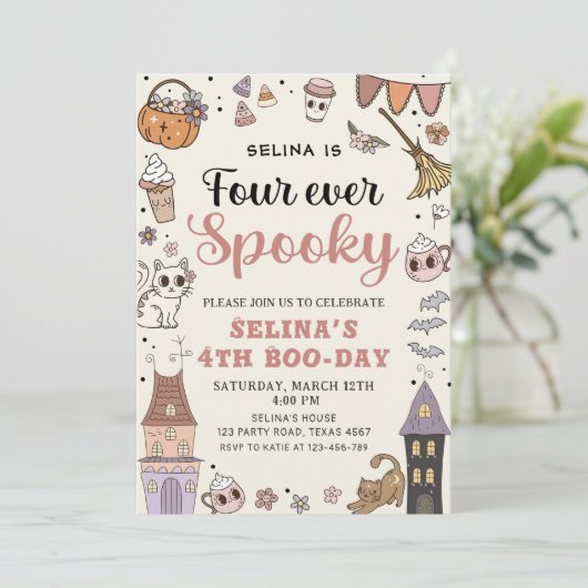 Four Ever Spooky Leuke Ghost Halloween Verjaardag Kaart (Staand voorkant)