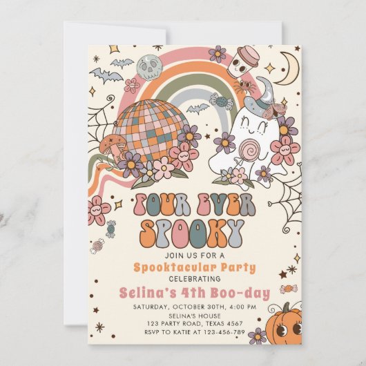 Four Ever Spooky Retro Ghost Halloween Verjaardag Kaart (Voorkant)