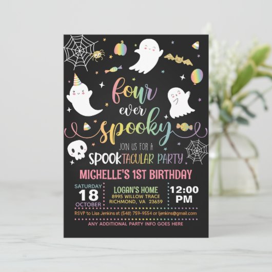Four Ever Spooky Uitnodiging - Meisje (Blk/Pastel) (Staand voorkant)