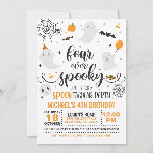 Four Ever Spooky Verjaardagsuitnodiging - Blak/Sin Kaart (Voorkant)