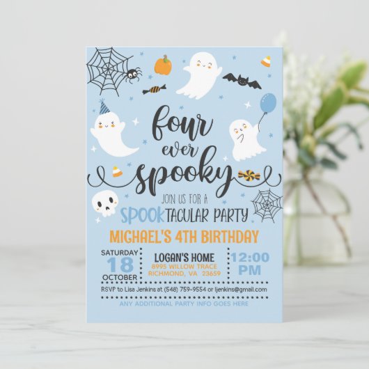 Four Ever Spooky Verjaardagsuitnodiging - Blauw Kaart (Staand voorkant)