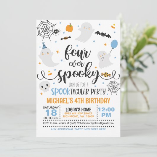 Four Ever Spooky Verjaardagsuitnodiging - Blauw/Wh Kaart (Staand voorkant)