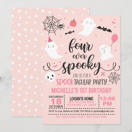 Four Ever Spooky Verjaardagsuitnodiging - Meisje ( Kaart (Voorkant / Achterkant)