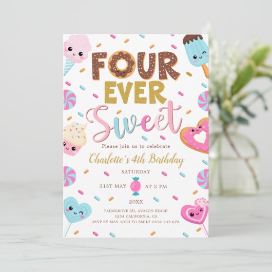 Four Ever Sweet Birthday Donut Snoep 4th Birthday Kaart (Staand voorkant)