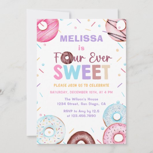 Four Ever Sweet Donut 4e verjaardag uitnodiging (Voorkant)