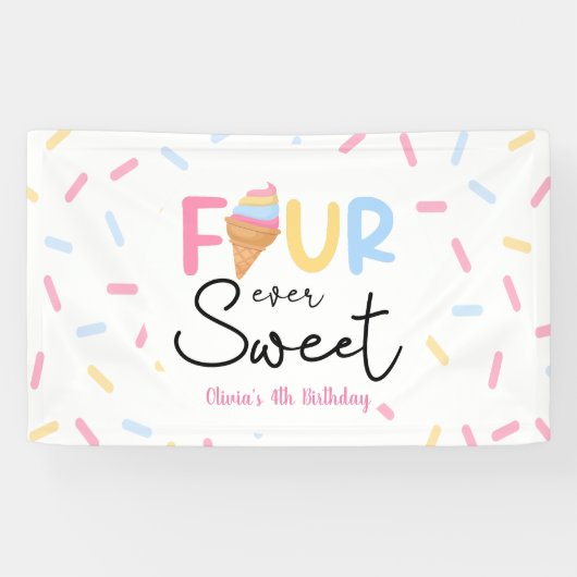 Four Ever Sweet Ice Cream 4e Verjaardagsfeest Spandoek (Horizontaal)
