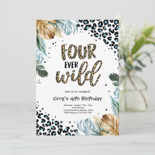 Four Ever Wild Boy Oerwoud Luipaard Print Verjaard Kaart (Staand voorkant)