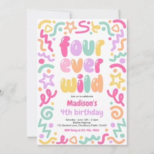 Four Ever Wild Confetti Ballon 4e Verjaardag Kaart (Voorkant)
