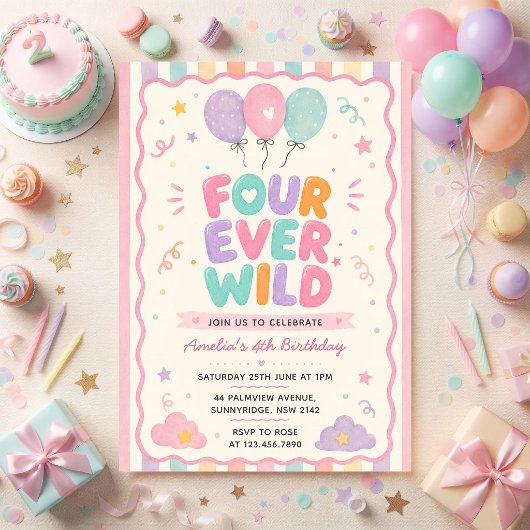 Four Ever Wild Confetti Ballon 4e Verjaardag Kaart