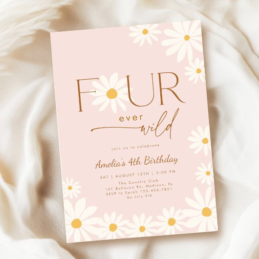 FOUR ever Wild Daisy Floral 4th Birthday Kaart