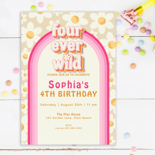 Four Ever Wild Daisy Rainbow verjaardagsuitnodigin Kaart