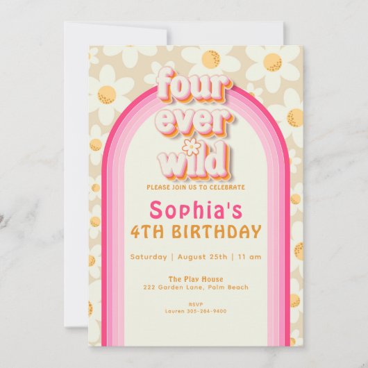 Four Ever Wild Daisy Rainbow verjaardagsuitnodigin Kaart (Voorkant)