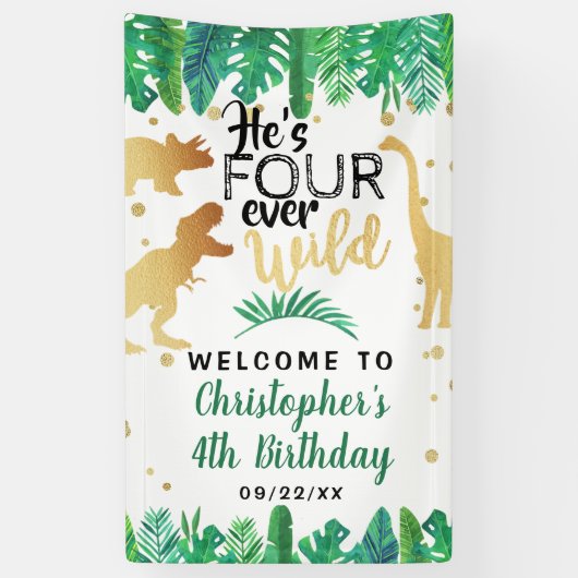 Four Ever Wild Dinosaur Boys 4th Birthday Welcome Spandoek (Verticaal)