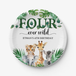 Four Ever Wild Jungle Zoo Safari Kids Verjaardag 4 Papieren Bordje