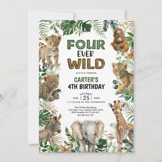 Four Ever Wild Oerwoud Animals 4th Birthday Boy Kaart (Voorkant)