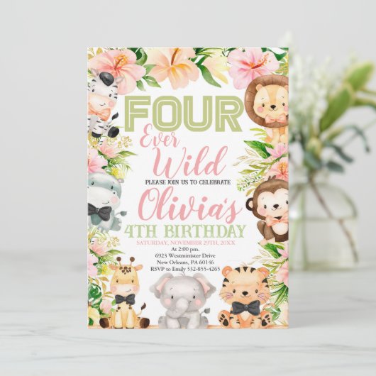 Four Ever Wild Safari, 4e verjaardag Jungle Dieren Kaart (Staand voorkant)