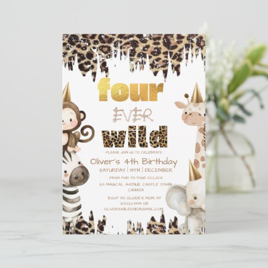 Four Ever Wild Safari Feestje 4e Verjaardag Kaart (Staand voorkant)