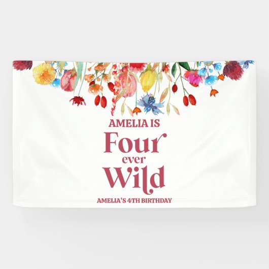 Four Ever Wild Wildflower 4e verjaardagsfeestje Spandoek (Horizontaal)