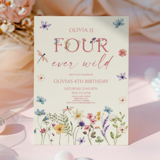 Four Ever Wild Wildflower 4th Birthday Party Kaart