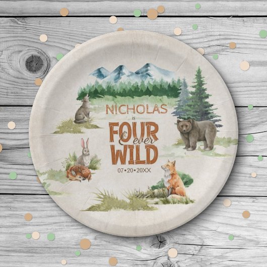 Four Ever Wild Woodland Animal 4th Verjaardagsfees Papieren Bordje