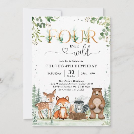 Four Ever Wild Woodland Party Animals 4th Birthday Kaart (Voorkant)
