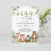 Four Ever Wild Woodland Party Animals 4th Birthday Kaart (Staand voorkant)
