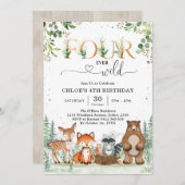 Four Ever Wild Woodland Party Animals 4th Birthday Kaart (Voorkant / Achterkant)