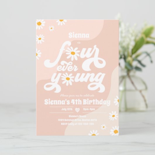 Four Ever Young 4e verjaardagsfeestje Boho Daisy Kaart (Staand voorkant)