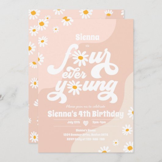 Four Ever Young 4e verjaardagsfeestje Boho Daisy Kaart (Voorkant / Achterkant)