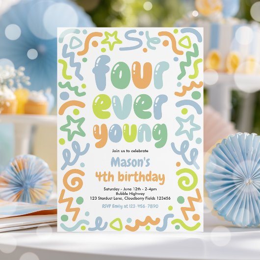 Four Ever Young Confetti Ballon 4e Verjaardag Kaart