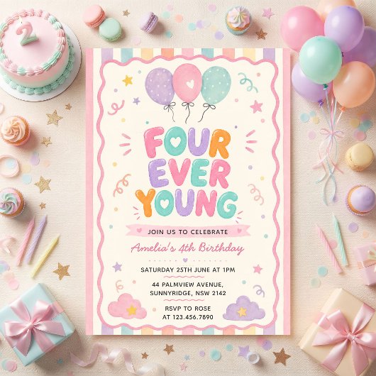 Four Ever Young Confetti Ballon 4e Verjaardag Kaart
