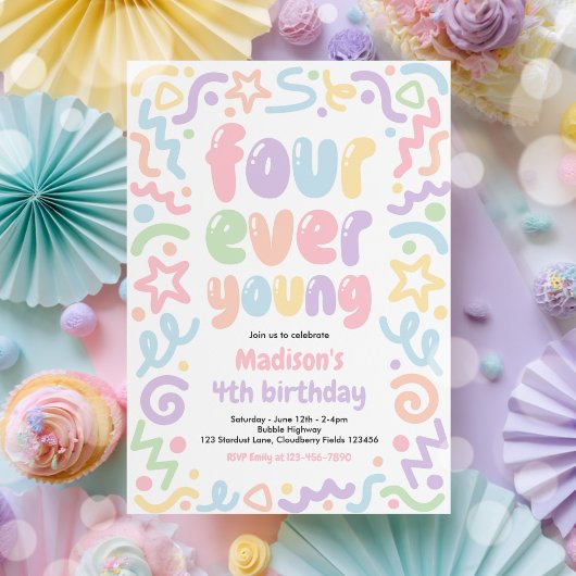 Four Ever Young Confetti Ballon 4e Verjaardag Kaart