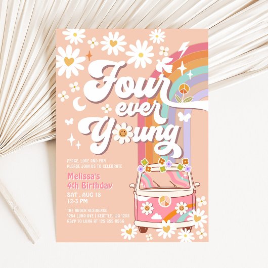 Four Ever Young Groovy Daisy Rainbow 4de Verjaarda Kaart