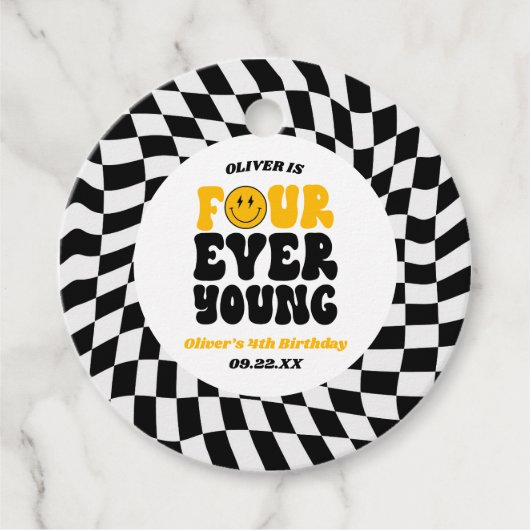 Four Ever Young Retro Fourth 4th Birthday Party Bedankjes Labels (Voorkant)