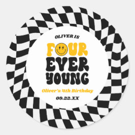 Four Ever Young Retro Fourth 4th Birthday Party Ronde Sticker