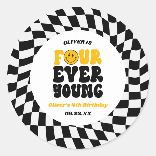 Four Ever Young Retro Fourth 4th Birthday Party Ronde Sticker (Voorkant)