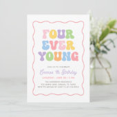 Four Ever Young Roze Gingham Meisjes 4e Verjaardag Kaart (Staand voorkant)