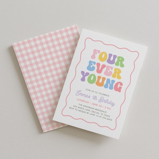 Four Ever Young Roze Gingham Meisjes 4e Verjaardag Kaart