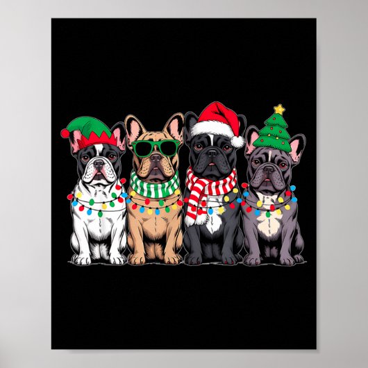 Four French Bulldog Dogs Christmas Funny Santa Rei Poster (Voorkant)