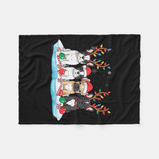 Four French Bulldog Dogs Christmas Light Reindeer Fleece Deken (Voorkant (Horizontaal))