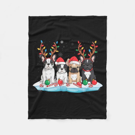 Four French Bulldog Dogs Christmas Light Reindeer Fleece Deken (Voorkant)