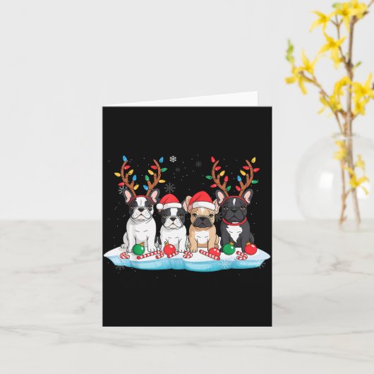 Four French Bulldog Dogs Christmas Light Reindeer  Kaart (Gele Bloem)