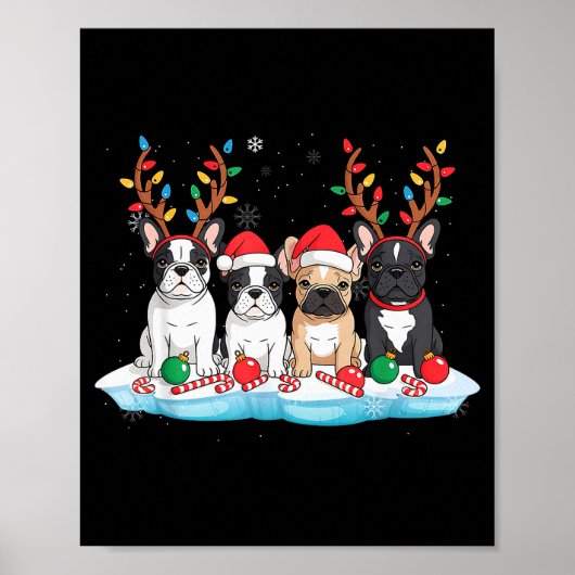 Four French Bulldog Dogs Christmas Light Reindeer  Poster (Voorkant)