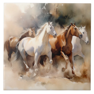 “Four Galloping Mustangs” Stof western waterverfsc Tegeltje